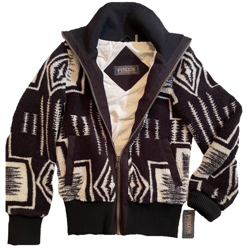 Pendleton Womens Black Ivory Harding Bomber Style Berber Fleece Jacket Brand New - Picture 2 of 5